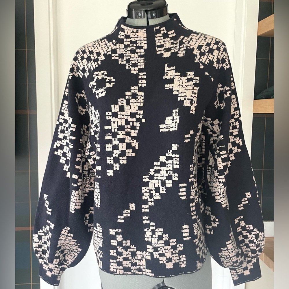 Anthropologie Viscose Mock Neck Sweater, balloon sleeves, black/pink, NWOT, szS - Picture 3 of 11
